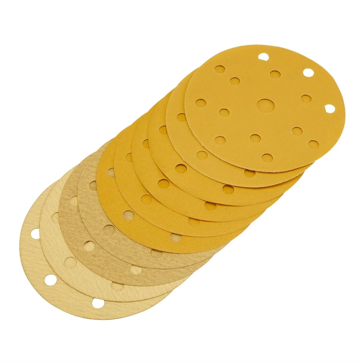 Draper Gold Sanding Discs with Hook & Loop 150mm Assorted Grit - 120G 180G 240G 320G 400G 15 Dust Extraction Holes (Pack of 10) 08480  White Rose Tools