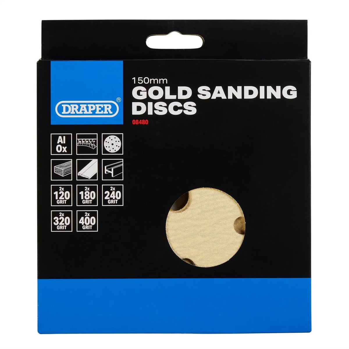 Draper Gold Sanding Discs with Hook & Loop 150mm Assorted Grit - 120G 180G 240G 320G 400G 15 Dust Extraction Holes (Pack of 10) 08480  White Rose Tools