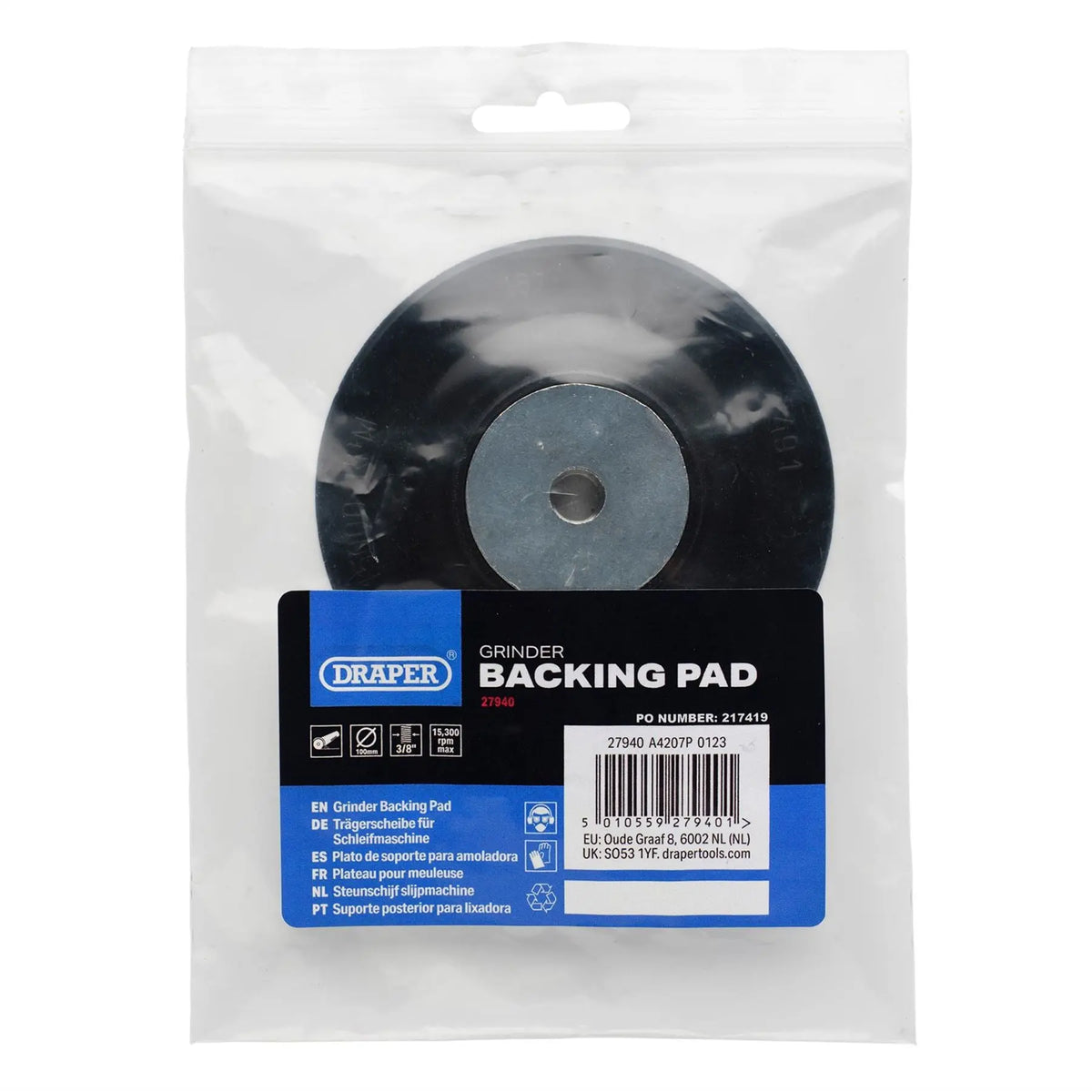 Draper Grinding Disc Backing Pad 100mm 58608  White Rose Tools