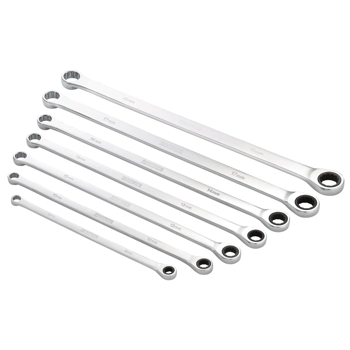 Draper HI-TORQ® Metric Extra-Long Double Ring Ratchet Spanner Set (7 Piece) 27778  White Rose Tools