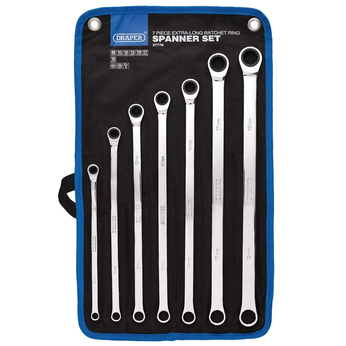 Draper HI-TORQ® Metric Extra-Long Double Ring Ratchet Spanner Set (7 Piece) 27778  White Rose Tools