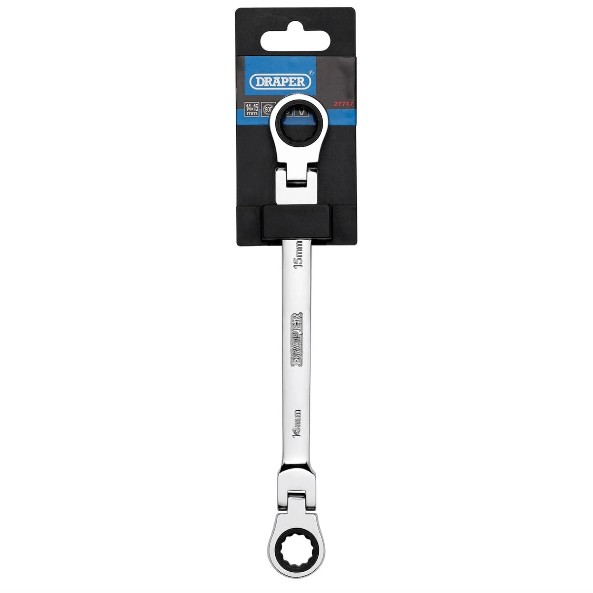 Draper HI-TORQ® Metric Flexible Head Double Ring Ratchet Spanner 14 x 15mm 27747  White Rose Tools