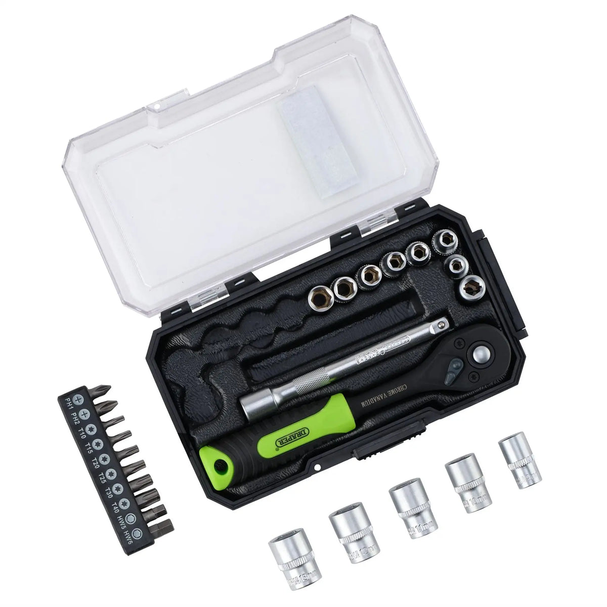 Draper HI-TORQ® Metric Socket and Bit Set 1/4" Sq. Dr. (25 Piece) 24233  White Rose Tools