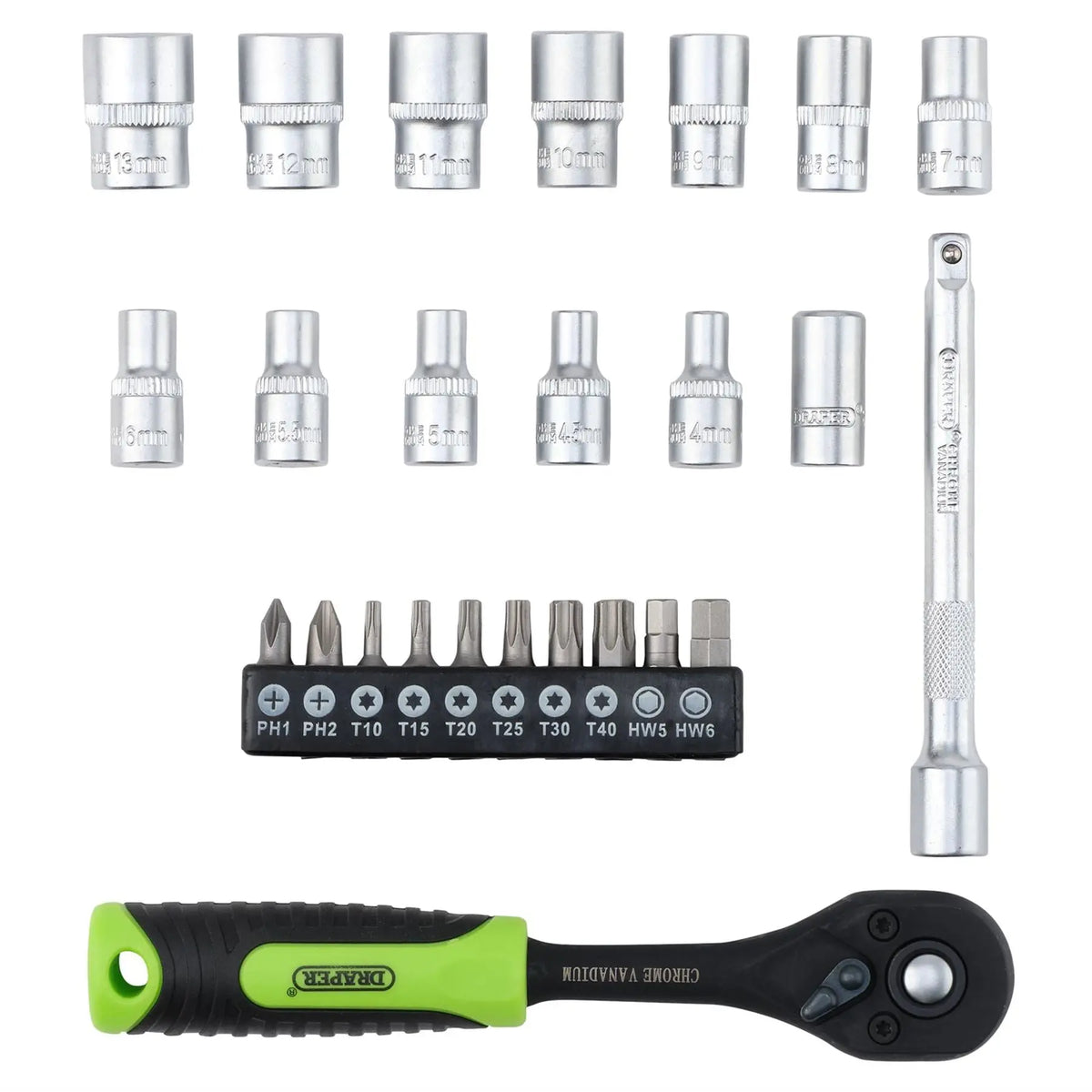 Draper HI-TORQ® Metric Socket and Bit Set 1/4" Sq. Dr. (25 Piece) 24233  White Rose Tools
