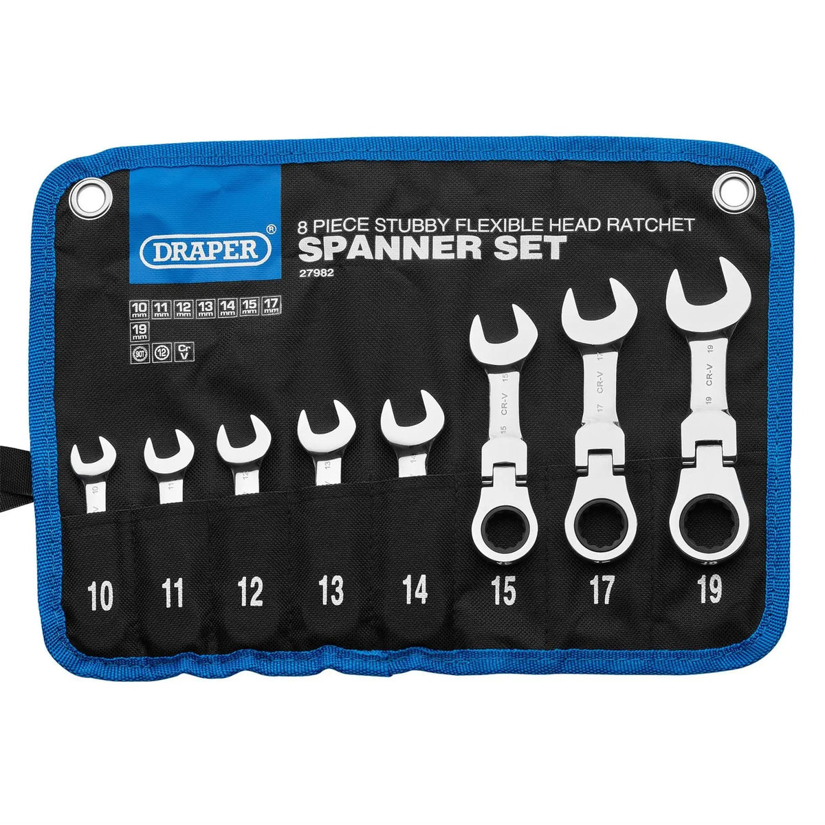 Draper HI-TORQ® Metric Stubby Flexible Head Ratchet Combination Spanner Set 10 - 19mm (8 Piece) 27982  White Rose Tools
