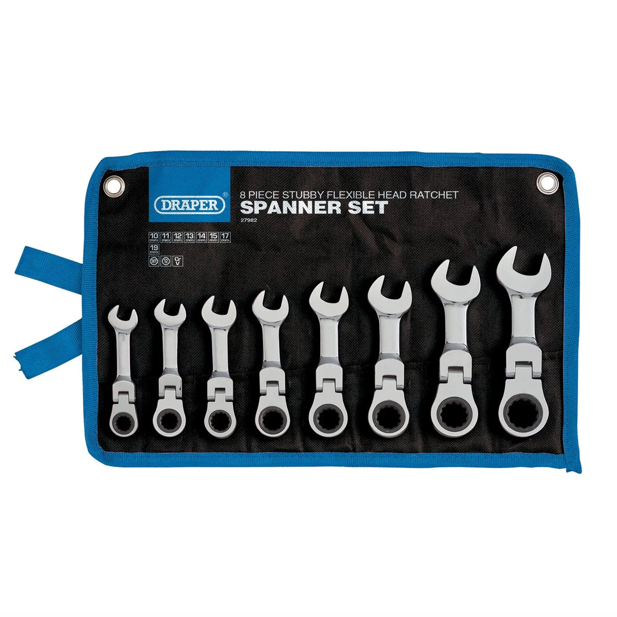 Draper HI-TORQ® Metric Stubby Flexible Head Ratchet Combination Spanner Set 10 - 19mm (8 Piece) 27982  White Rose Tools