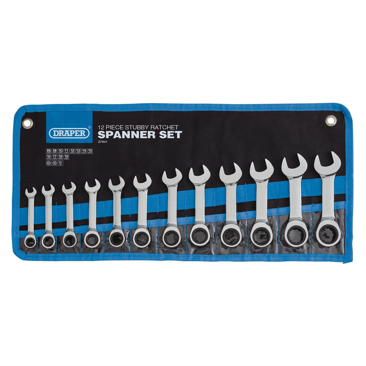Draper HI-TORQ® Metric Stubby Ratchet Combination Spanner Set 8 - 19mm (12 Piece) 27931  White Rose Tools