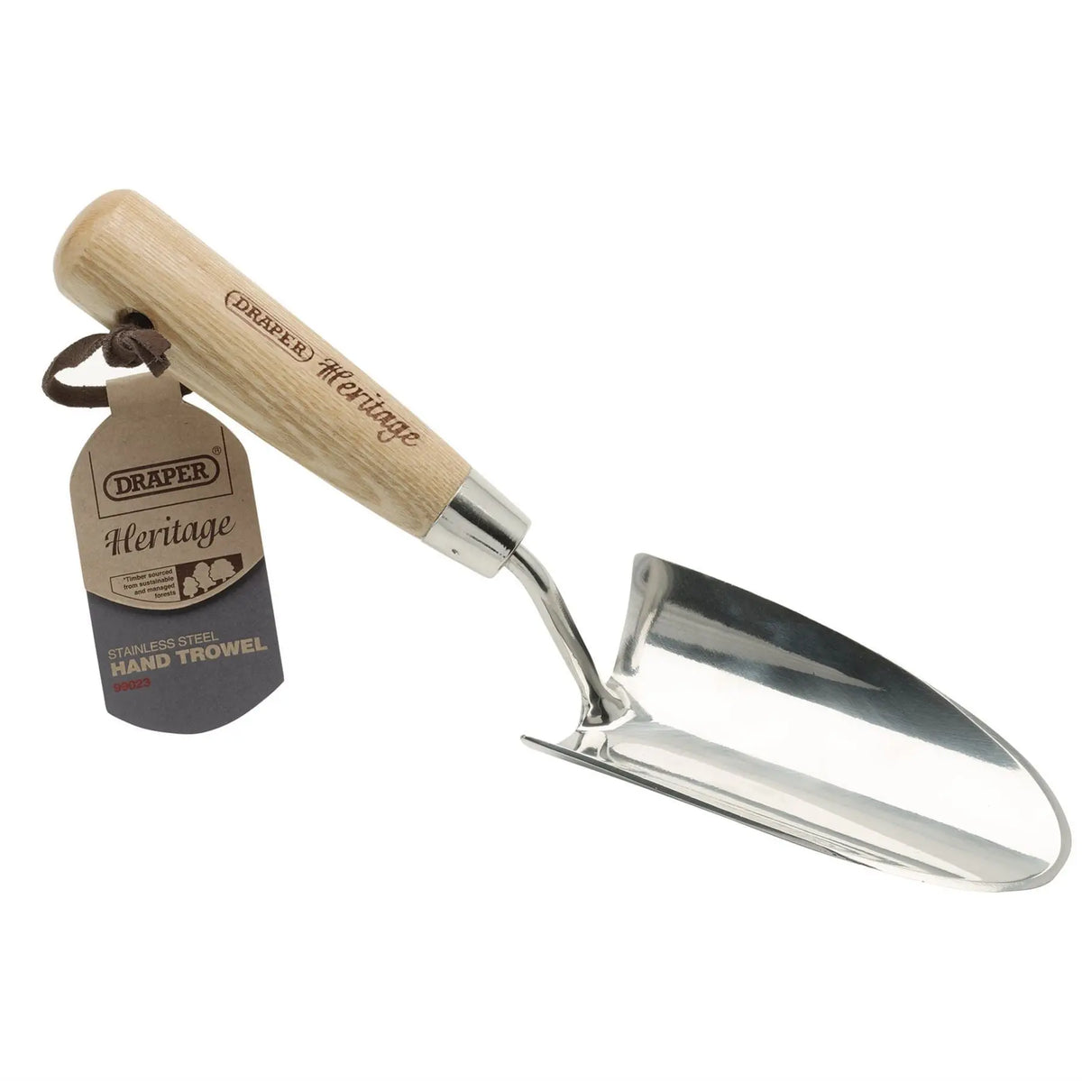 Draper Heritage Stainless Steel Hand Trowel with Ash Handle 99023  White Rose Tools