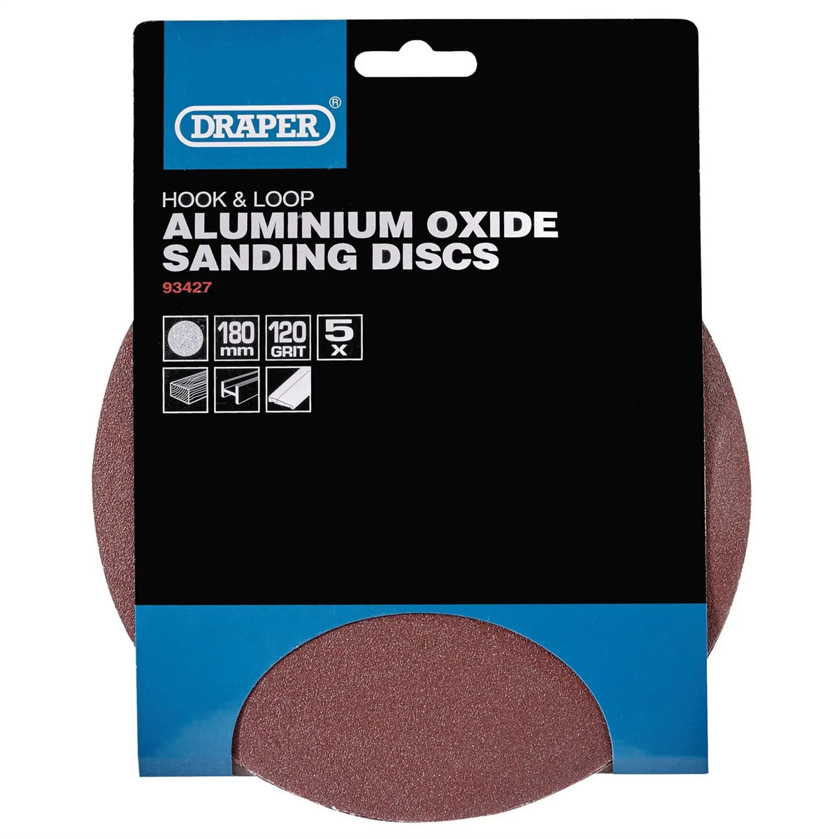 Draper Hook and Loop Aluminium Oxide Sanding Discs 180mm 120 Grit (Pack of 5) 93427  White Rose Tools
