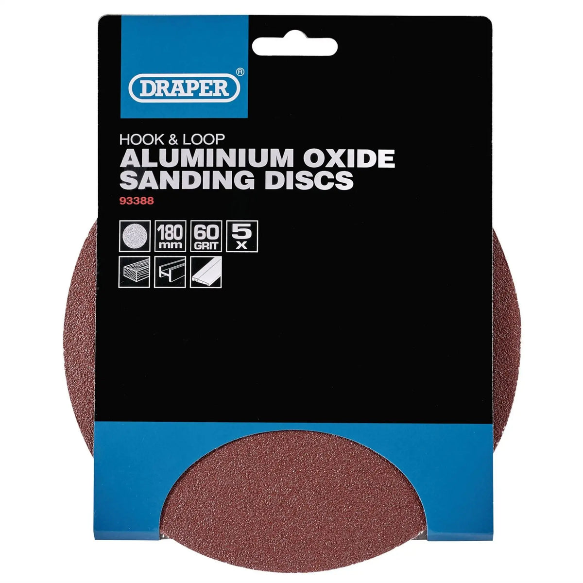 Draper Hook and Loop Aluminium Oxide Sanding Discs 180mm 60 Grit (Pack of 5) 93388  White Rose Tools