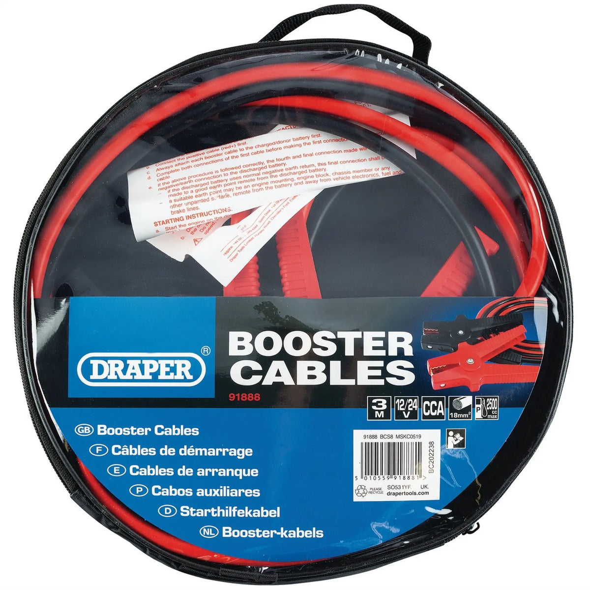 Draper Jump Leads 3m x 18mm&sup2; 91888  White Rose Tools
