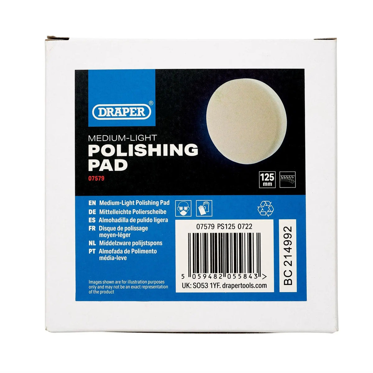 Draper Medium-Light Polishing Pad 125mm White 07579  White Rose Tools
