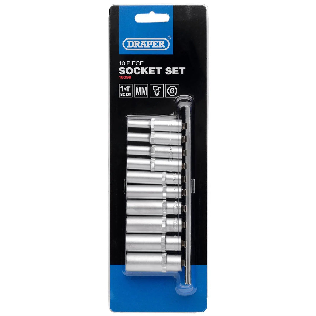 Draper Metric Deep Socket on Metal Rail 1/4" Sq. Dr. (10 Piece) 16399  White Rose Tools