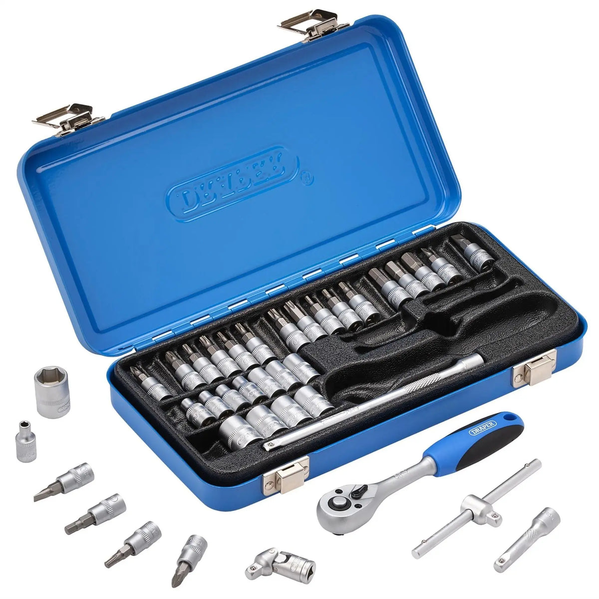 Draper Metric Socket Set in Metal Case 1/4" Sq. Dr. (38 Piece) 16366  White Rose Tools