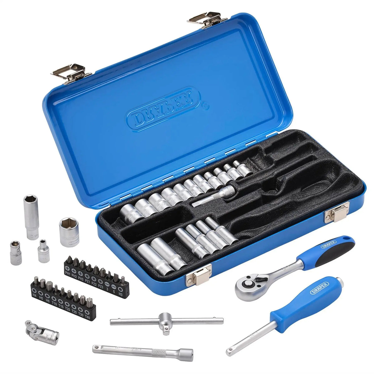 Draper Metric Socket Set in Metal Case 1/4" Sq. Dr. (45 Piece) 16365  White Rose Tools