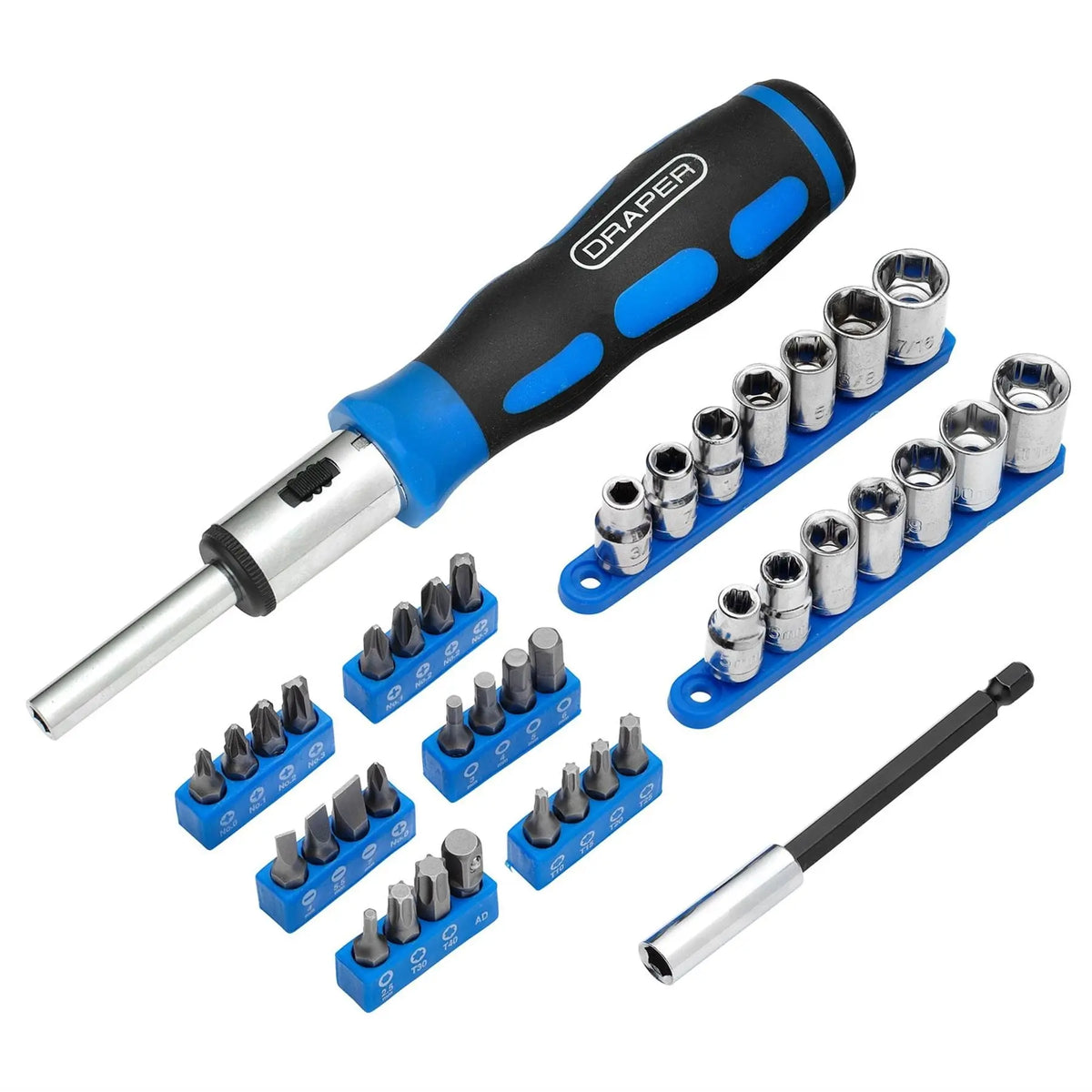 Draper Ratchet Screwdriver Socket and Bit Set 1/4" Sq. Dr. (40 Piece) 21010  White Rose Tools