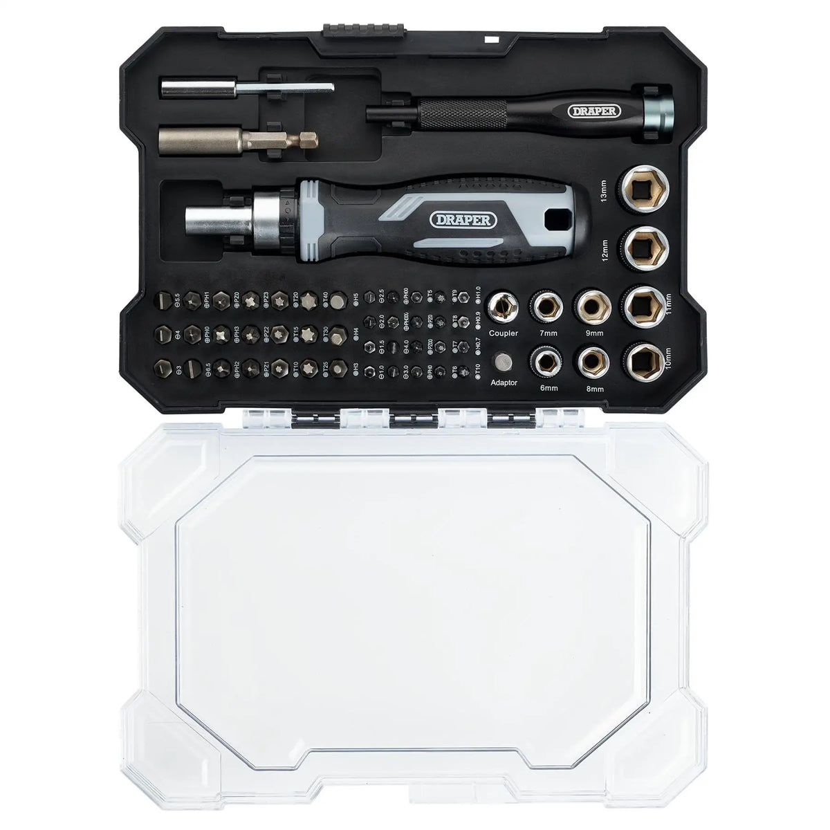 Draper Soft Grip Ratchet Screwdriver and Bit Set (55 Piece) 13442  White Rose Tools