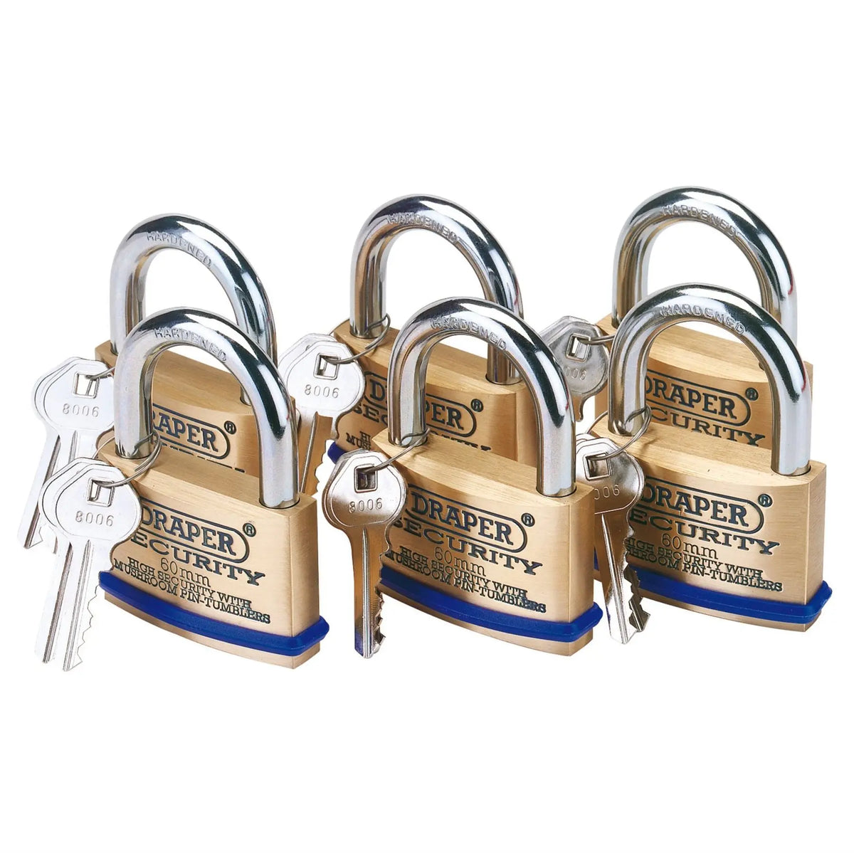 Draper Solid Brass Padlocks with Hardened Steel Shackle 60mm (Pack of 6) 67663  White Rose Tools