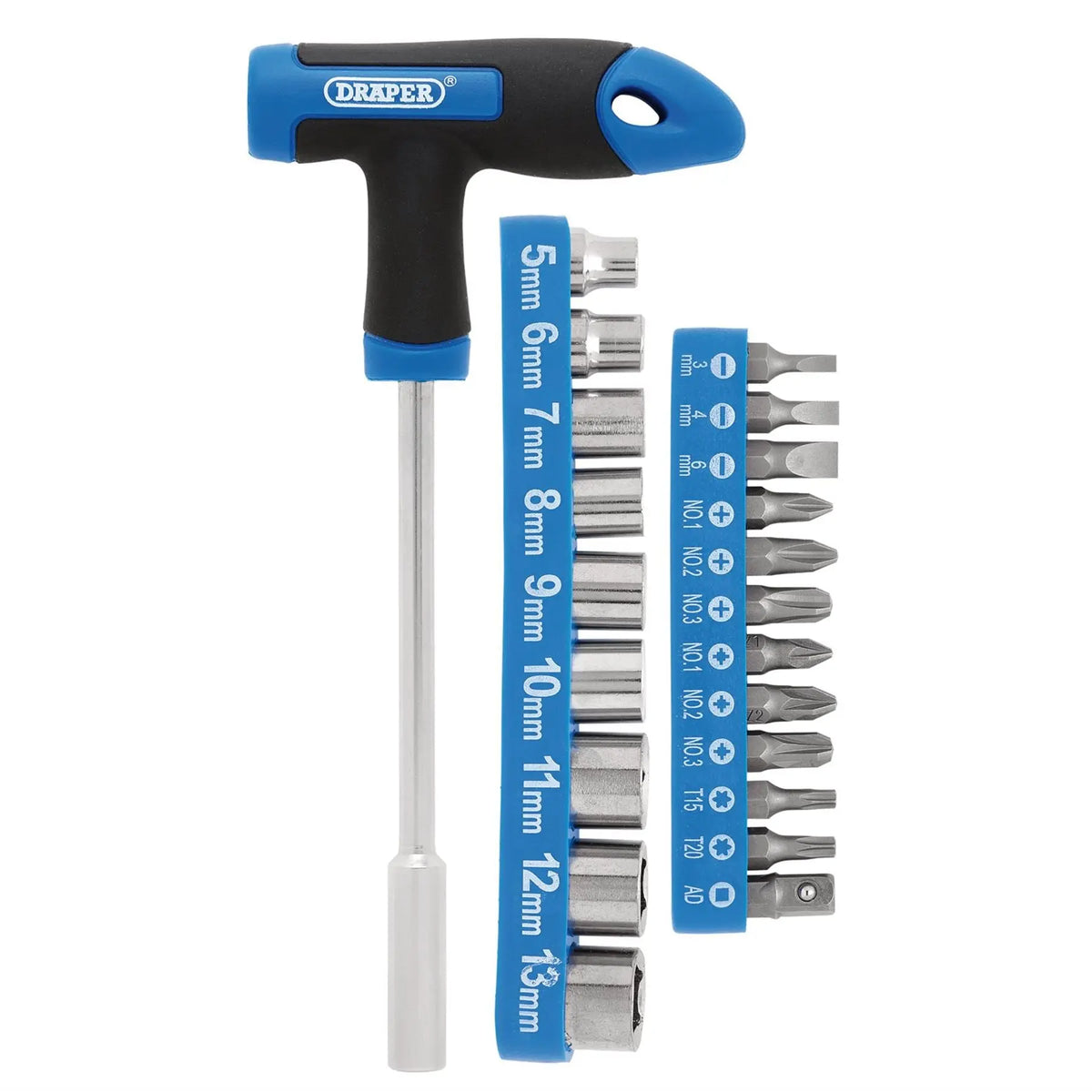Draper T-Handle Screwdriver Socket and Bit Set 1/4" Sq. Dr. (22 Piece) 21011  White Rose Tools
