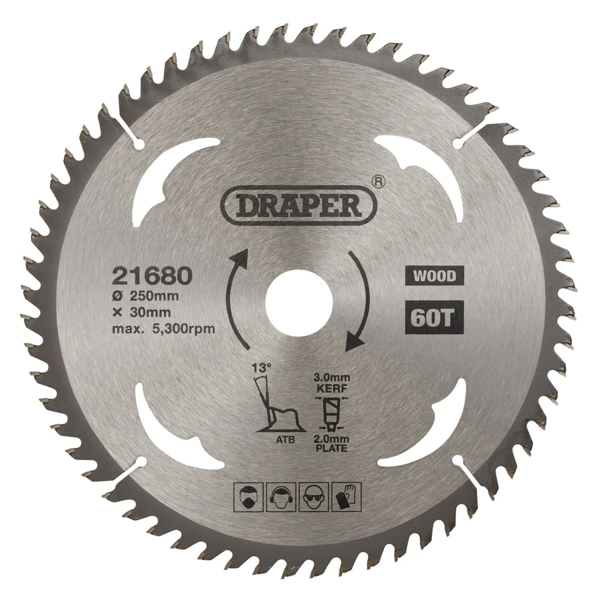 Draper TCT Circular Saw Blade for Wood 250 x 30mm 60T 21680  White Rose Tools
