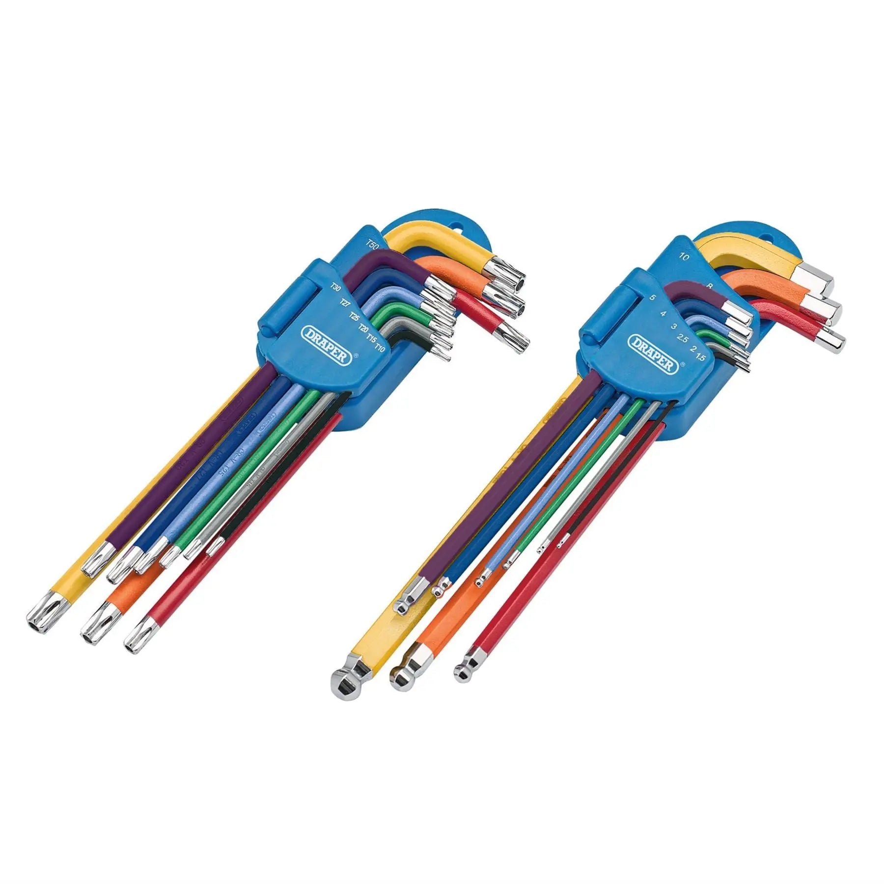 Draper TX-STAR® Security & Hex Metric Long Arm Key Set Colour Coded (2 x 9 Piece) 04776  White Rose Tools