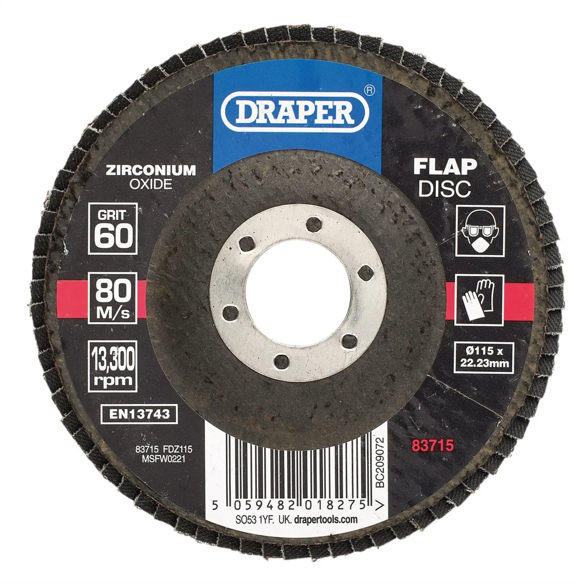 Draper Zirconium Oxide Flap Disc 115 x 22.23mm 60 Grit 83715  White Rose Tools