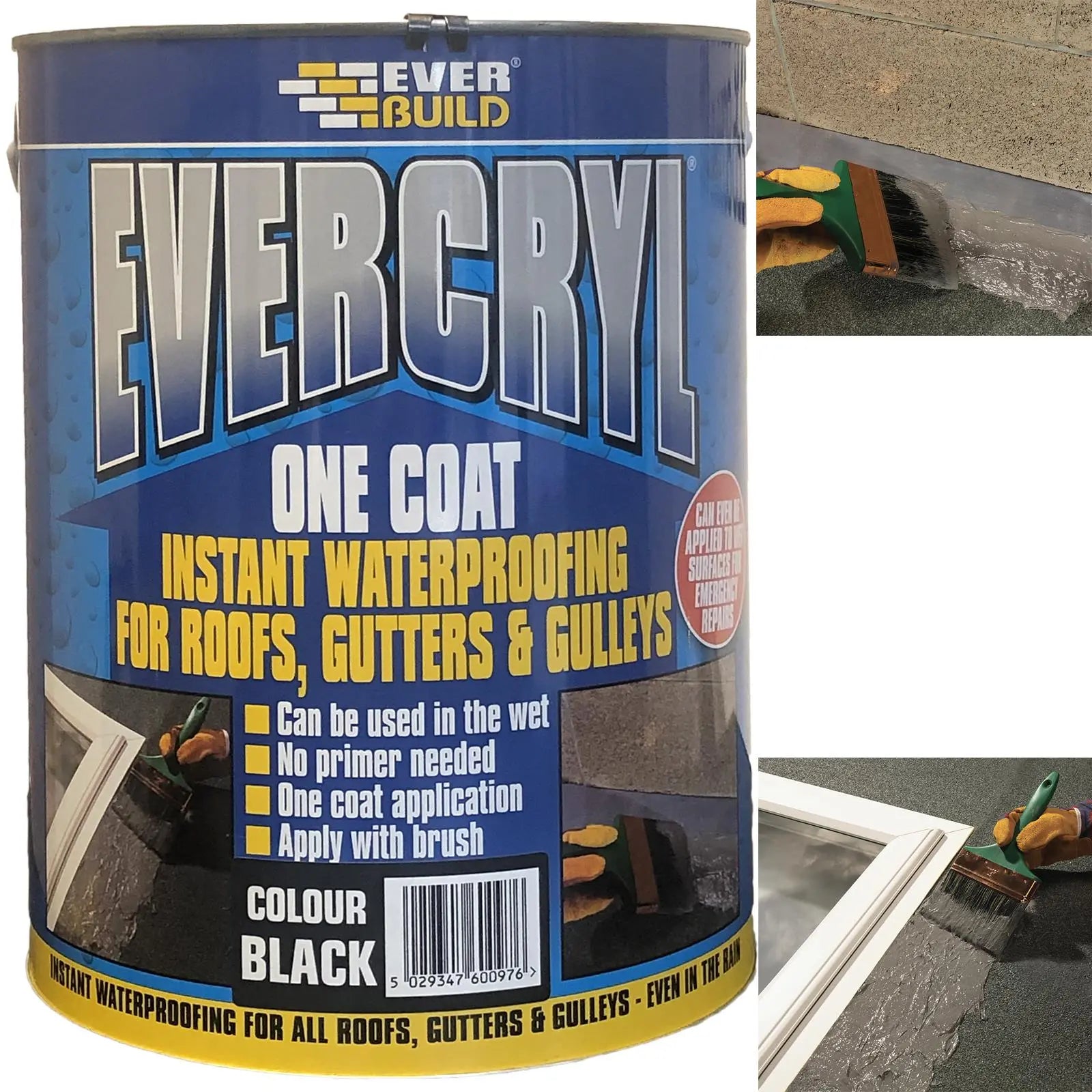 EverBuild Evercryl One Coat Instant Waterproofing for Roofs, Gutters and Gulleys 5L Black 