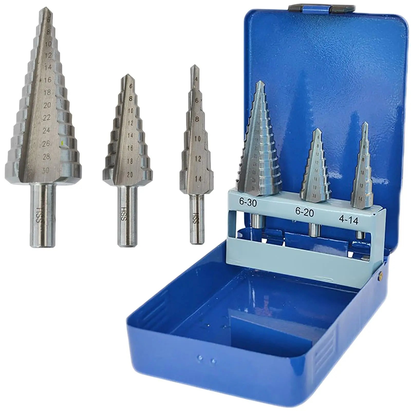 Faithfull Step Drill Set HSS 3 Piece 4-14mm 6-20mm 6-30mm Hole Cutter 