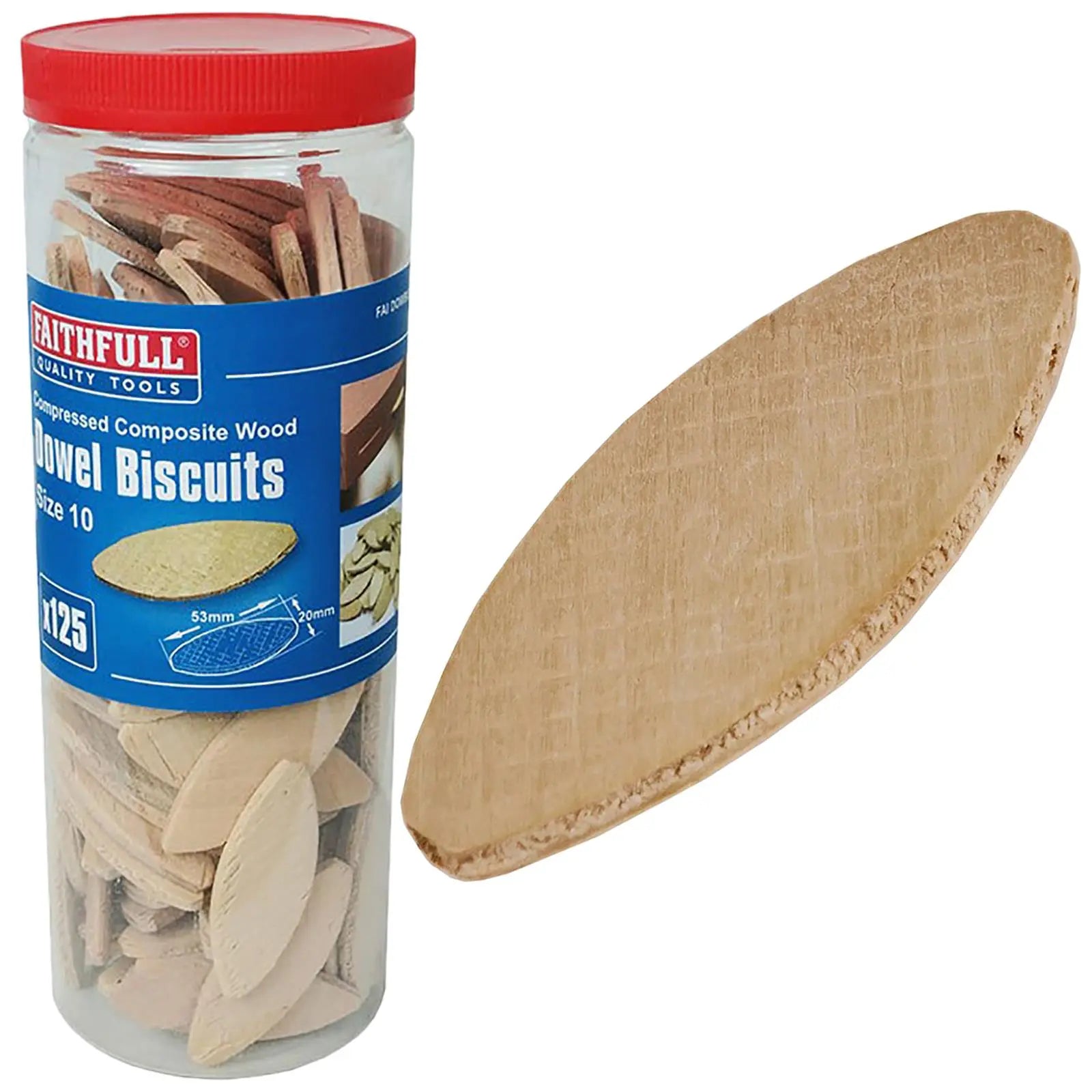 Faithfull Wood Biscuits No 10 Tub 125 Pack Jointing Biscuit 53 x 20mm 