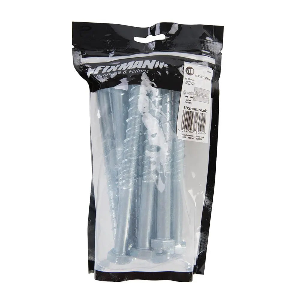 Fixman Concrete Masonry Bolts 10pk M12 x 150mm 525059  White Rose Tools