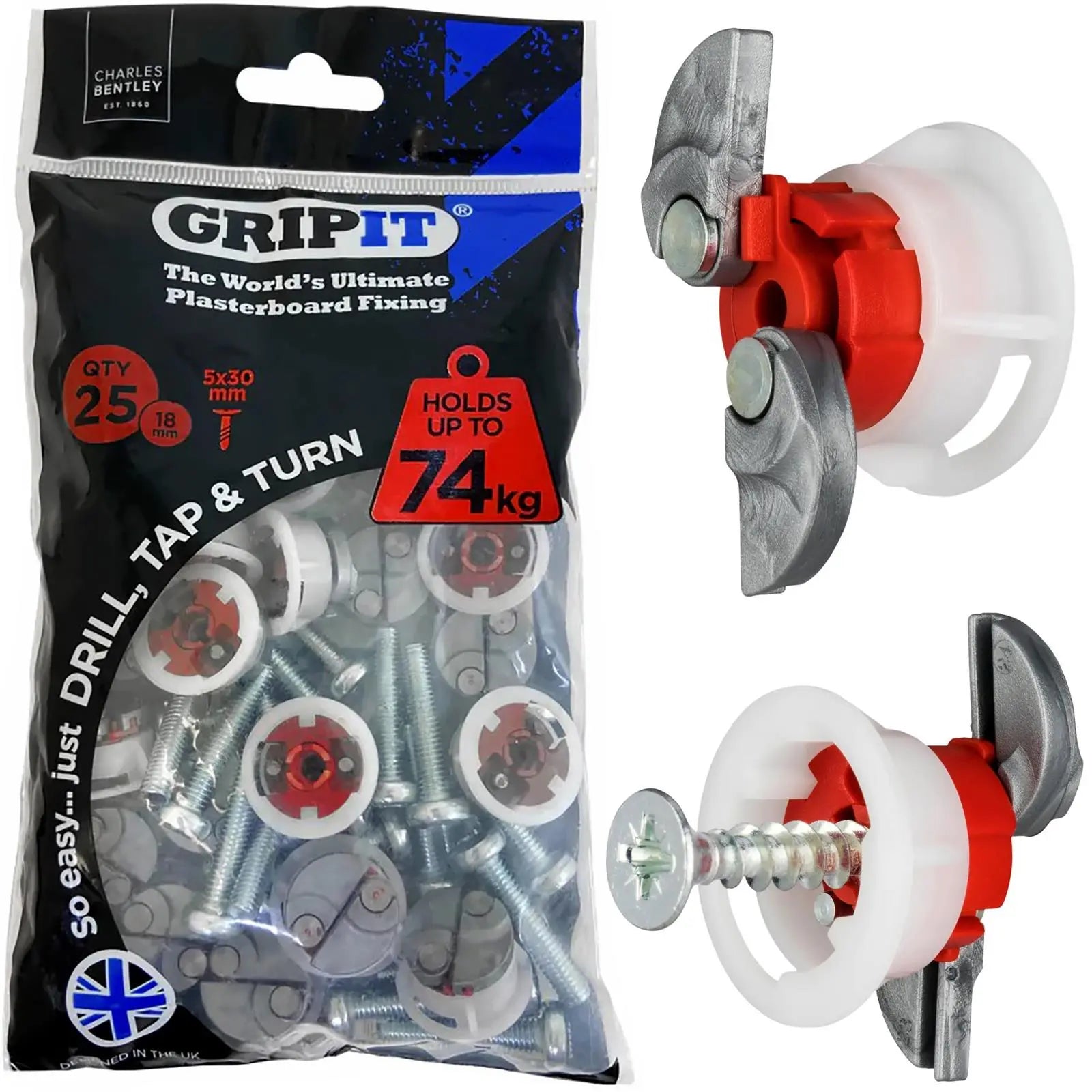 GripIt Red Plasterboard Fixings 18mm 25 Pack 