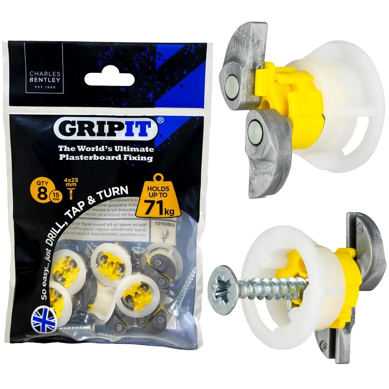 GripIt Yellow Plasterboard Fixings 15mm 8 Pack 