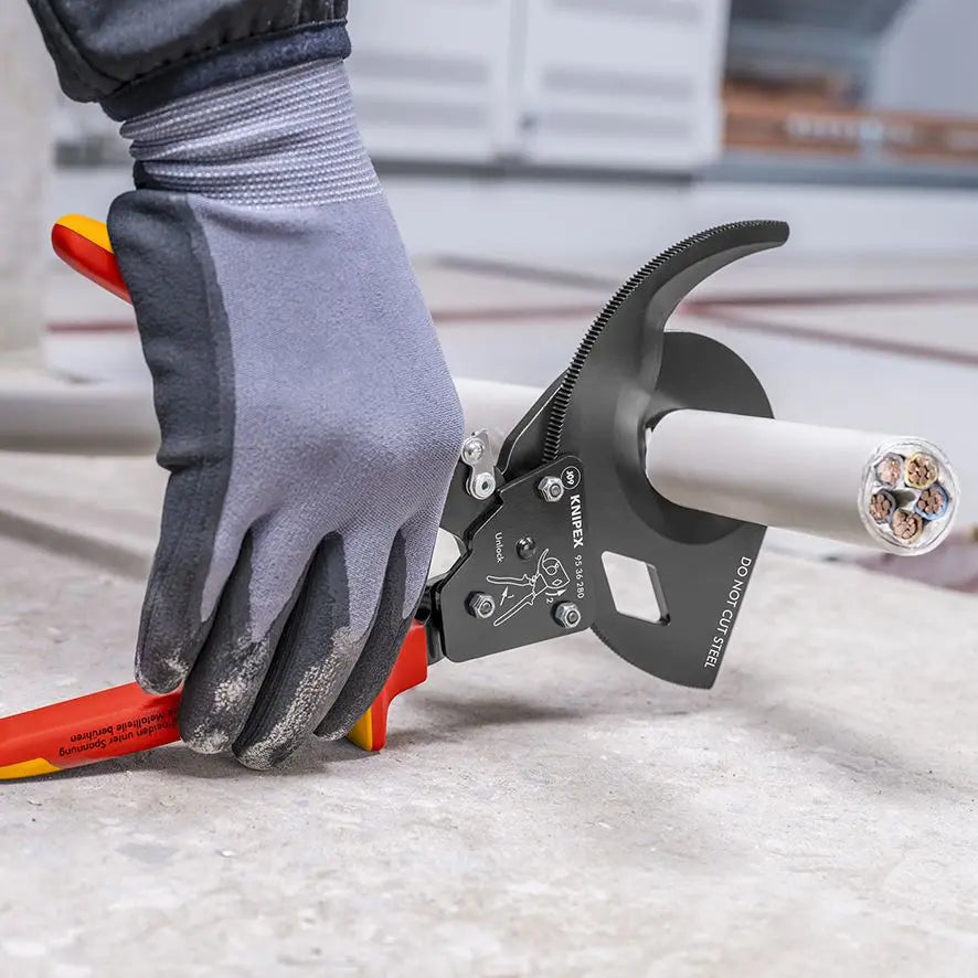 KNIPEX Cable Cutter Ratchet Action 280mm 52mm Capacity VDE Insulated 95 36 280  White Rose Tools