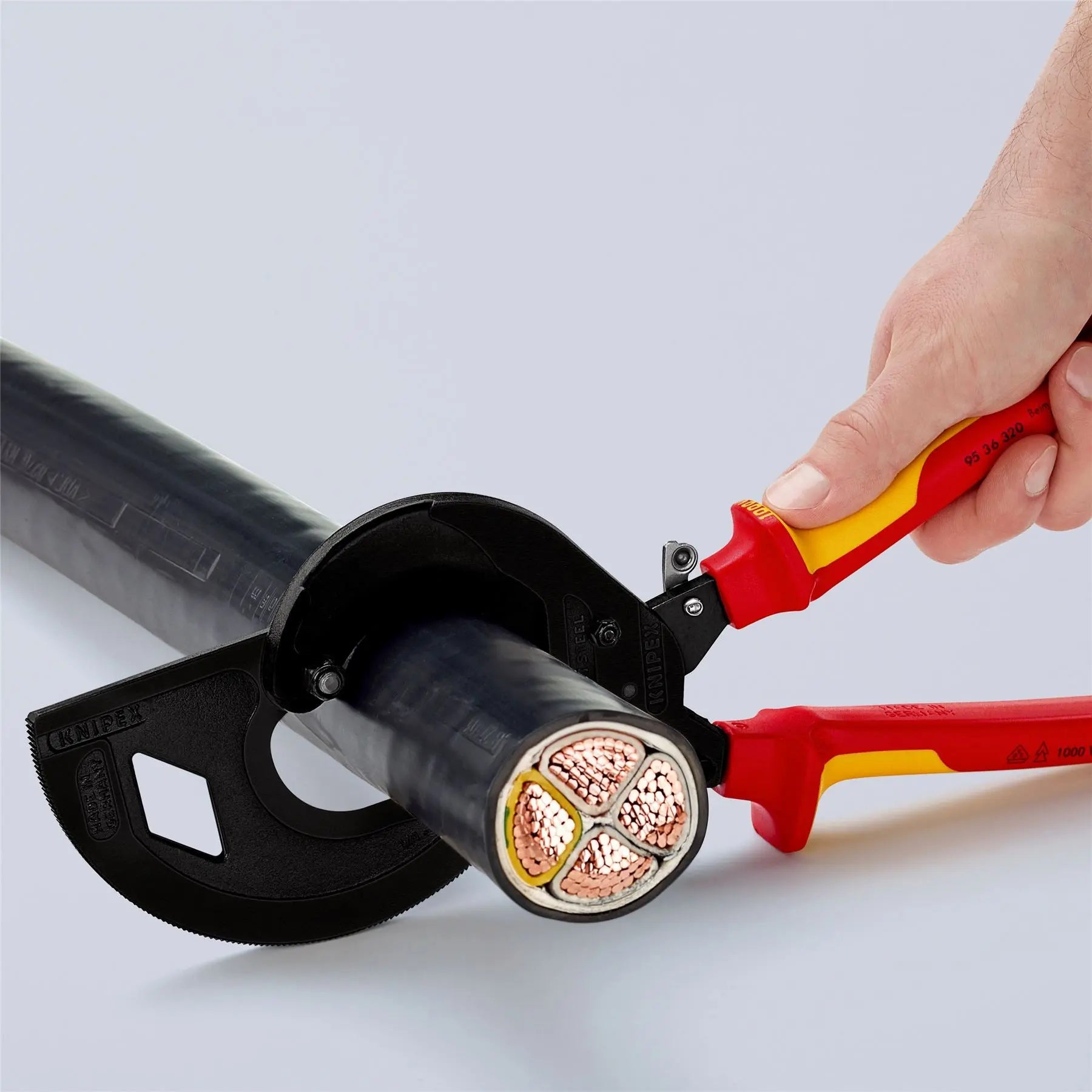 KNIPEX Cable Cutter Ratchet Action 3 Stage 60mm Diameter 320mm VDE Insulated Multi Component Grips 95 36 320  White Rose Tools