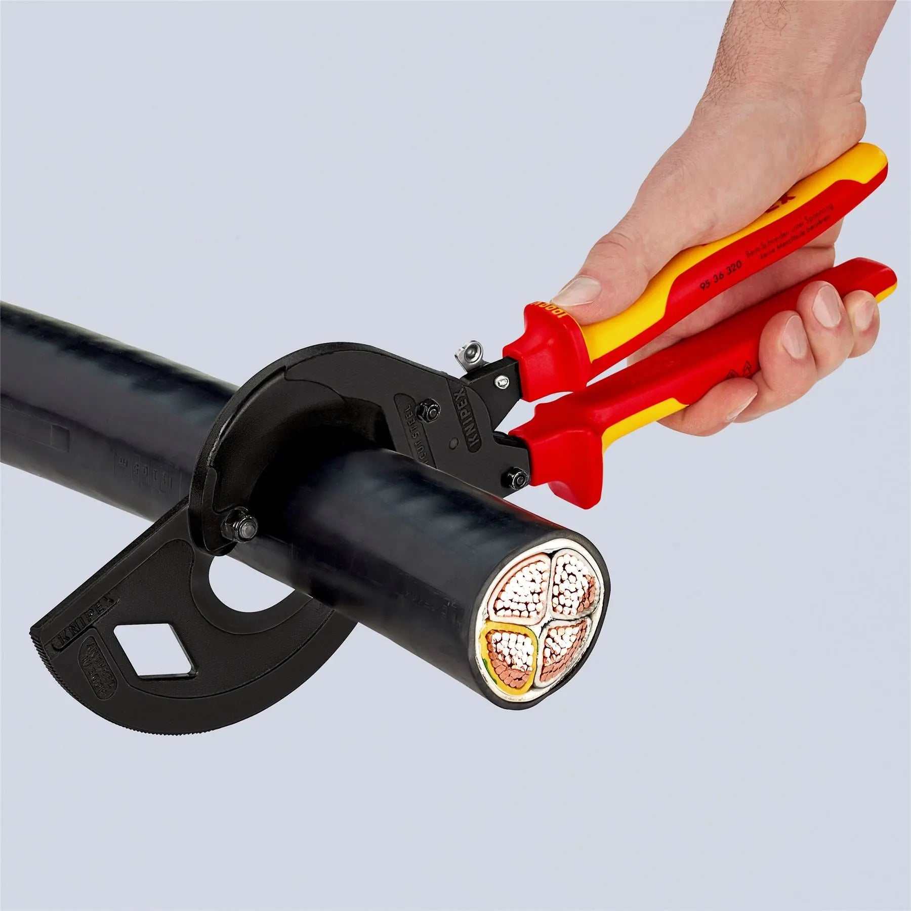 KNIPEX Cable Cutter Ratchet Action 3 Stage 60mm Diameter 320mm VDE Insulated Multi Component Grips 95 36 320  White Rose Tools