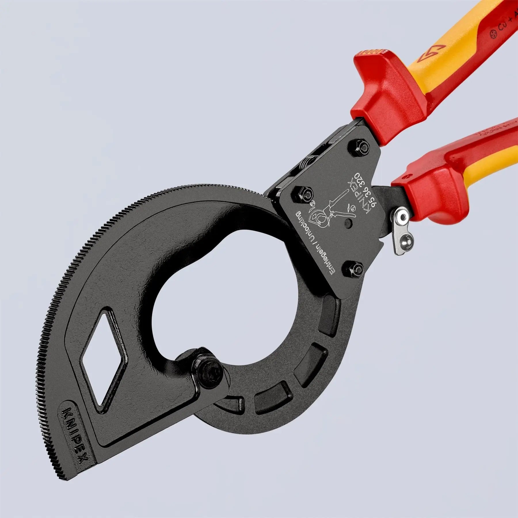 KNIPEX Cable Cutter Ratchet Action 3 Stage 60mm Diameter 320mm VDE Insulated Multi Component Grips 95 36 320  White Rose Tools