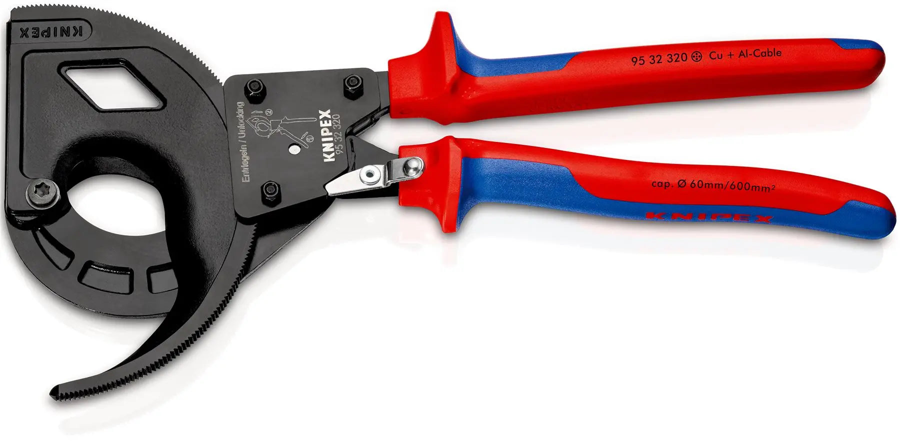 KNIPEX Cable Cutter Ratchet Action 3 Stage 60mm Diameter Cutting Capacity 320mm Multi Component Grips 95 32 320  White Rose Tools