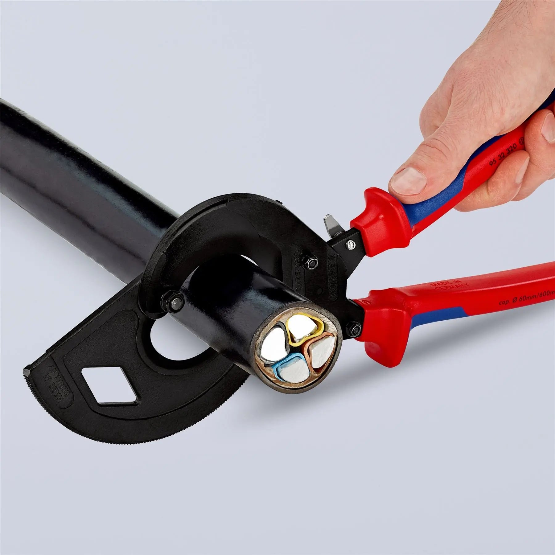 KNIPEX Cable Cutter Ratchet Action 3 Stage 60mm Diameter Cutting Capacity 320mm Multi Component Grips 95 32 320  White Rose Tools