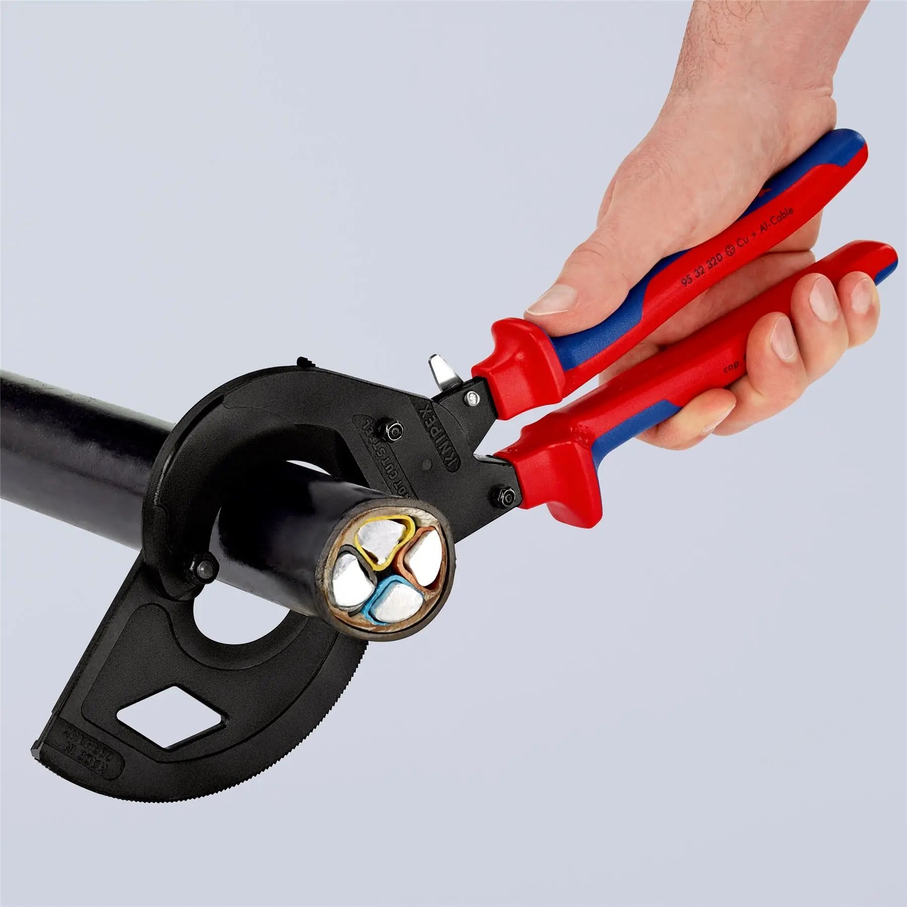 KNIPEX Cable Cutter Ratchet Action 3 Stage 60mm Diameter Cutting Capacity 320mm Multi Component Grips 95 32 320  White Rose Tools