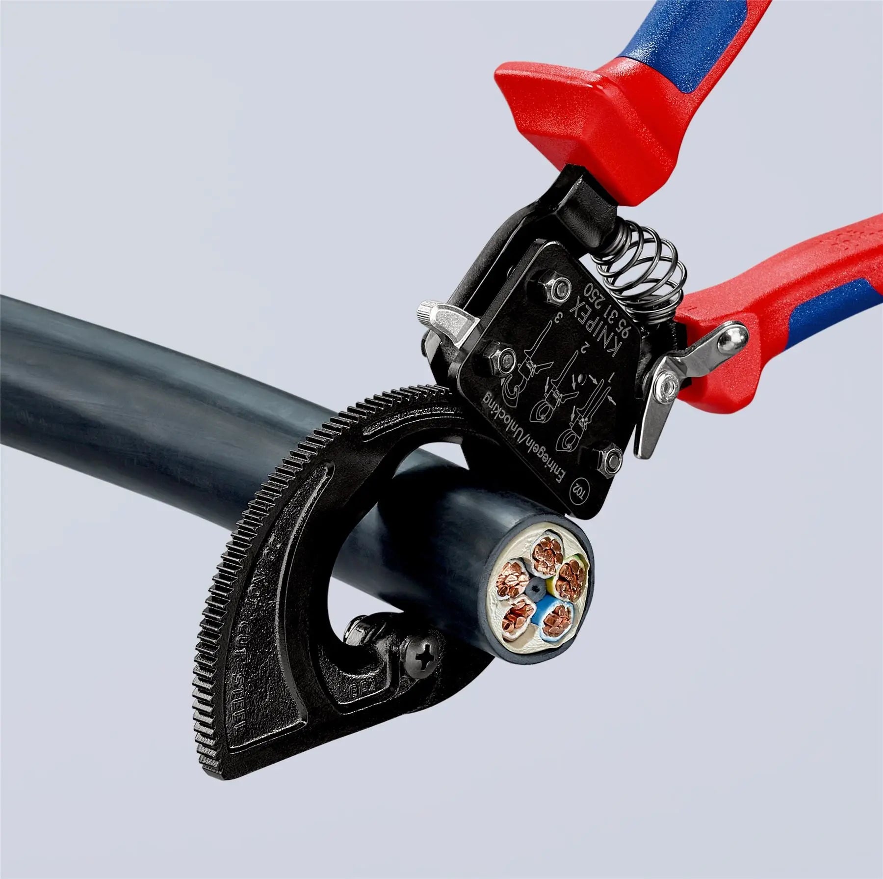 KNIPEX Cable Cutter Ratchet Action 32mm Diameter Cutting Capacity 250mm Multi Component Grips 95 31 250  White Rose Tools