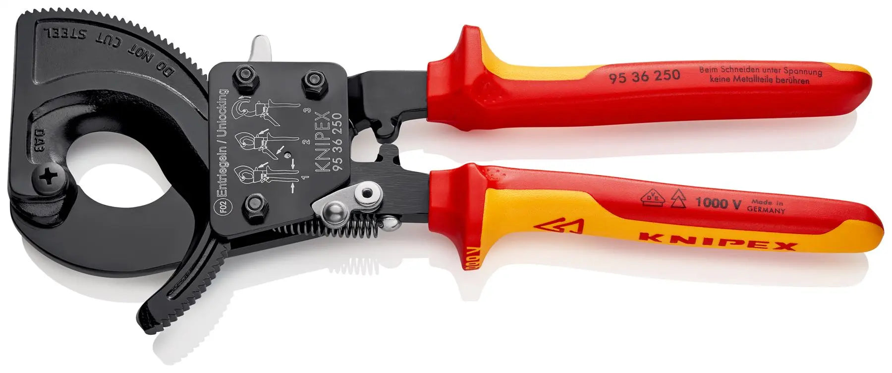 KNIPEX Cable Cutter Ratchet Action 32mm Diameter Cutting Capacity 250mm VDE Insulated Multi Component Grips 95 36 250  White Rose Tools