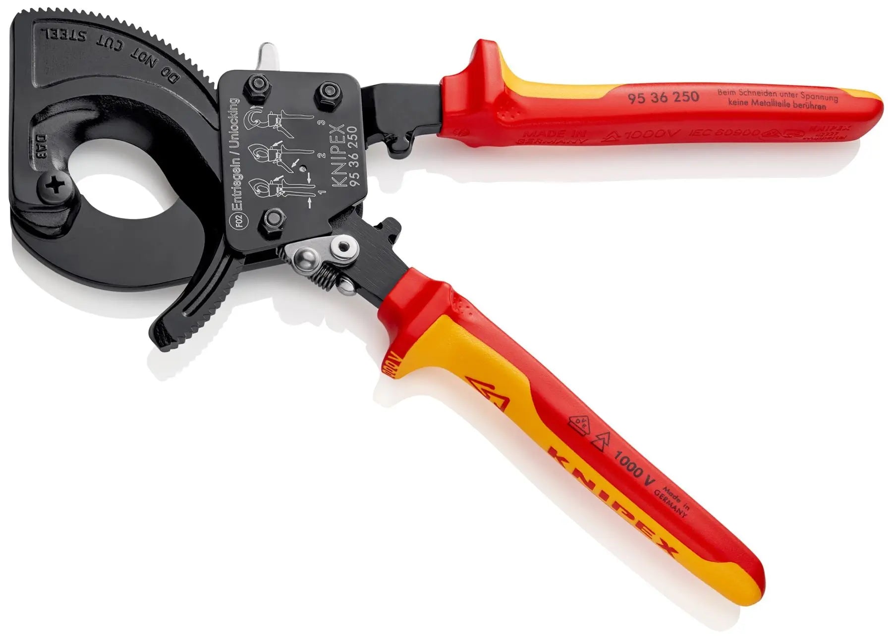 KNIPEX Cable Cutter Ratchet Action 32mm Diameter Cutting Capacity 250mm VDE Insulated Multi Component Grips 95 36 250  White Rose Tools