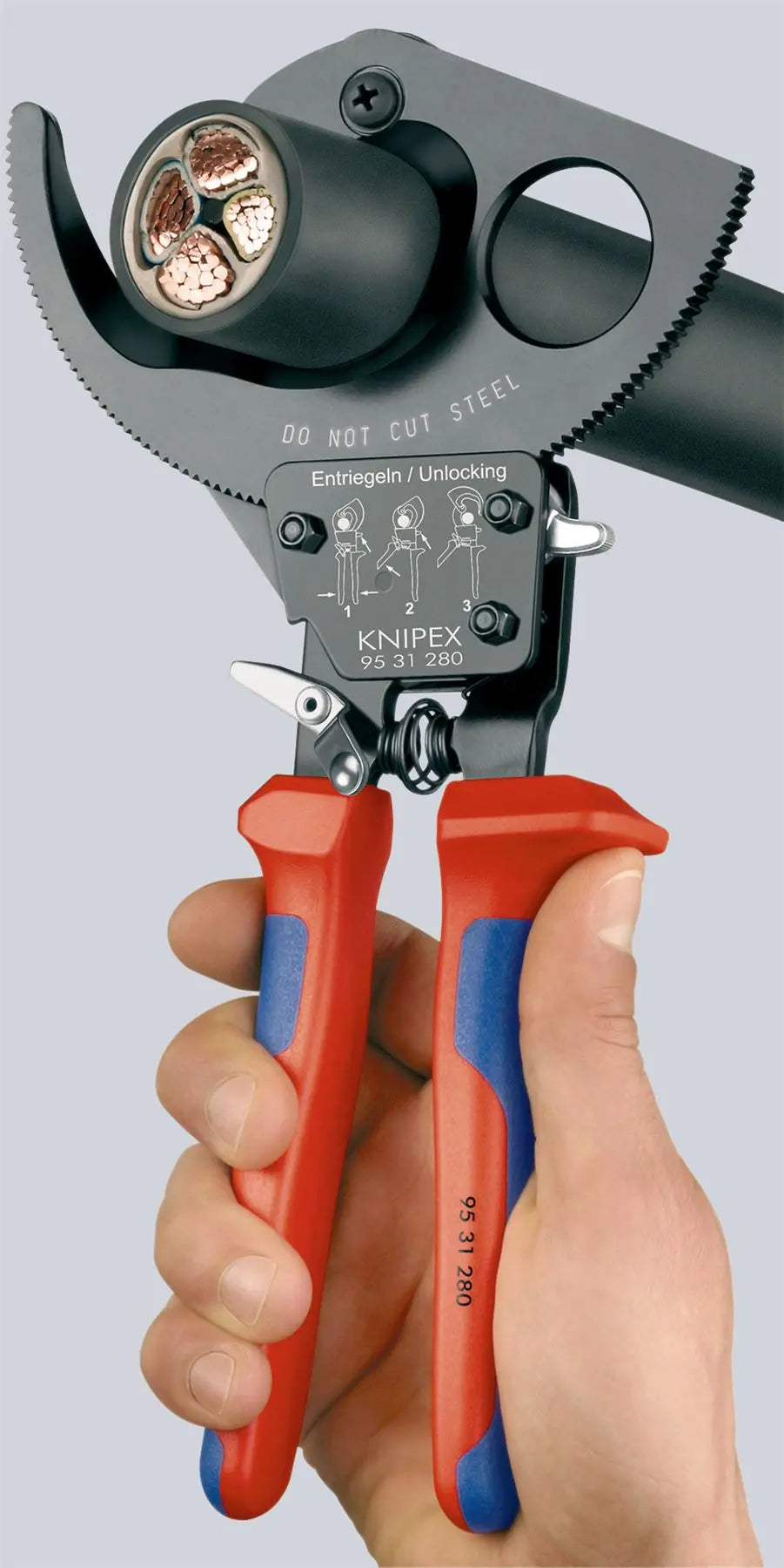 KNIPEX Cable Cutter Ratchet Action 52mm Diameter Cutting Capacity 280mm Multi Component Grips 95 31 280  White Rose Tools