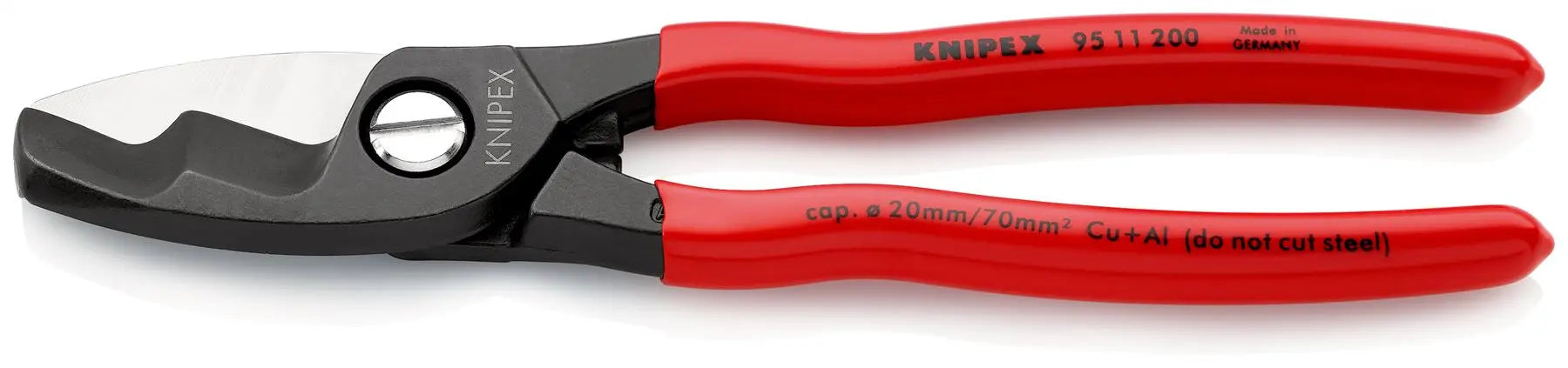 KNIPEX Cable Shears with Twin Cutting Edge 20mm Diameter Capacity 200mm Plastic Coated Handles 95 11 200 SB  White Rose Tools