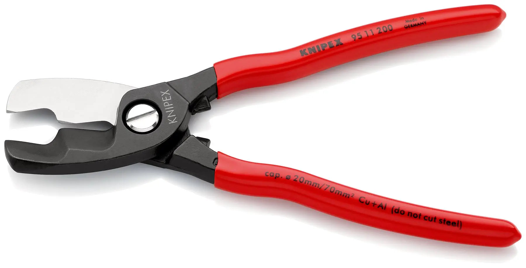 KNIPEX Cable Shears with Twin Cutting Edge 20mm Diameter Capacity 200mm Plastic Coated Handles 95 11 200 SB  White Rose Tools