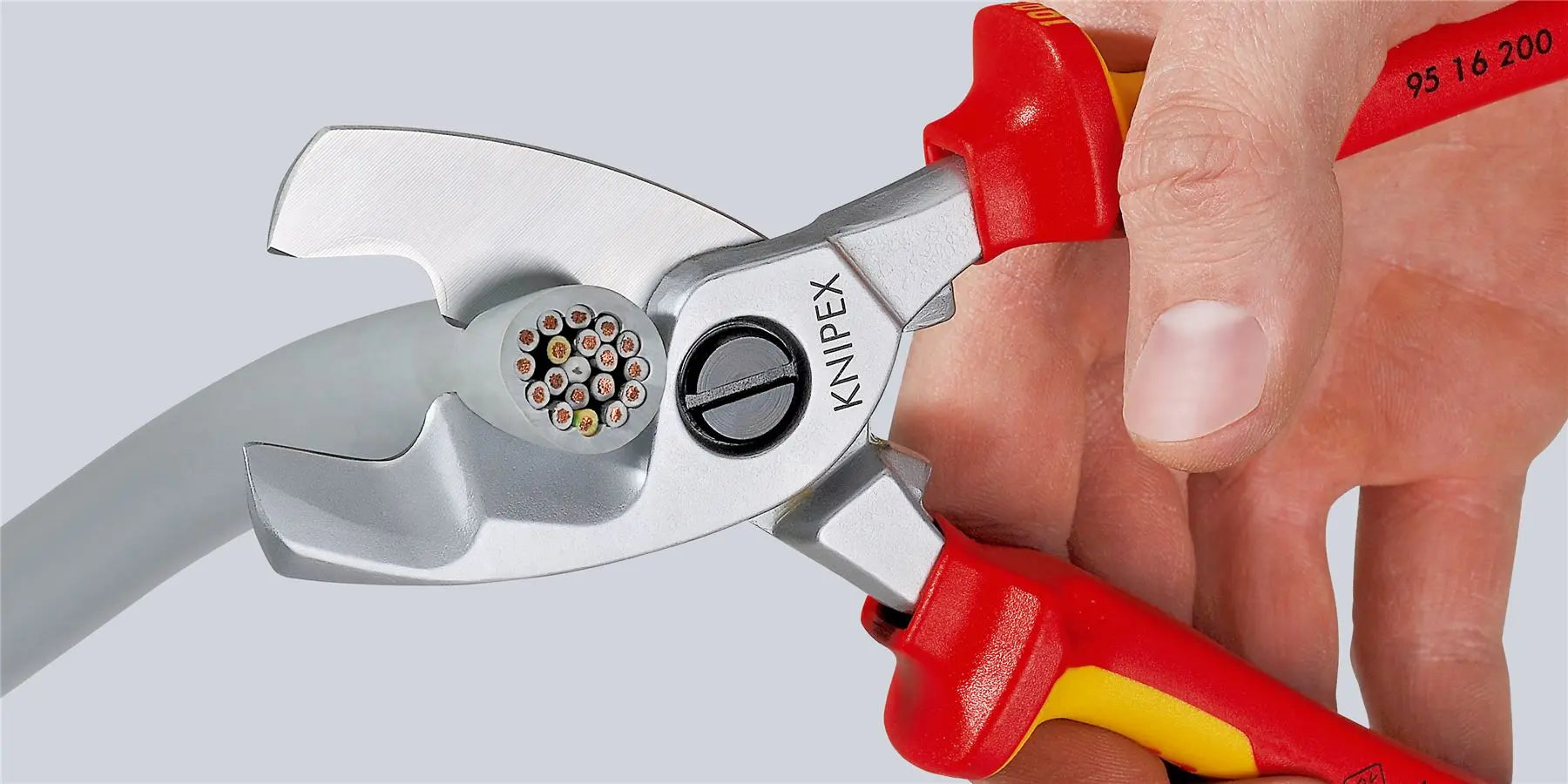 KNIPEX Cable Shears with Twin Cutting Edge 20mm Diameter Capacity 200mm VDE Multi Component Grips 95 16 200 SB  White Rose Tools