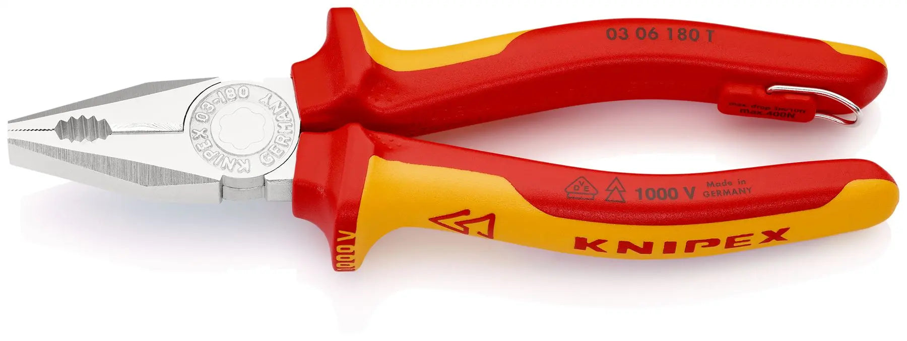 KNIPEX Combination Pliers 180mm VDE Chrome Multi Component Grips with Tether Point 03 06 180 T BK  White Rose Tools
