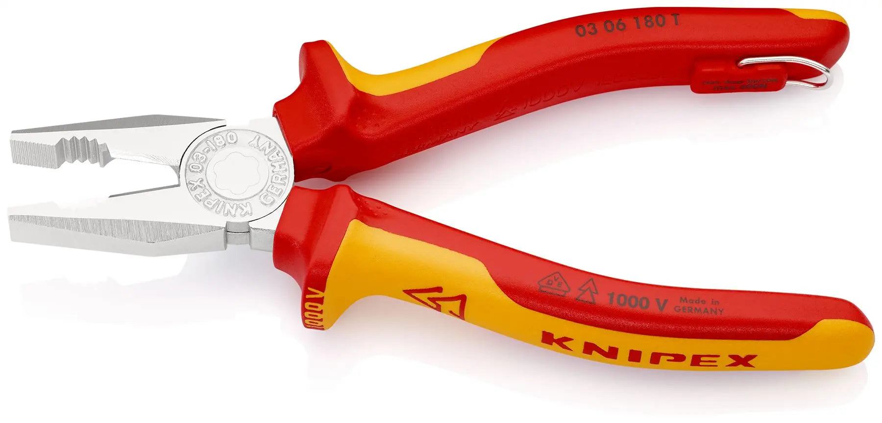 KNIPEX Combination Pliers 180mm VDE Chrome Multi Component Grips with Tether Point 03 06 180 T BK  White Rose Tools
