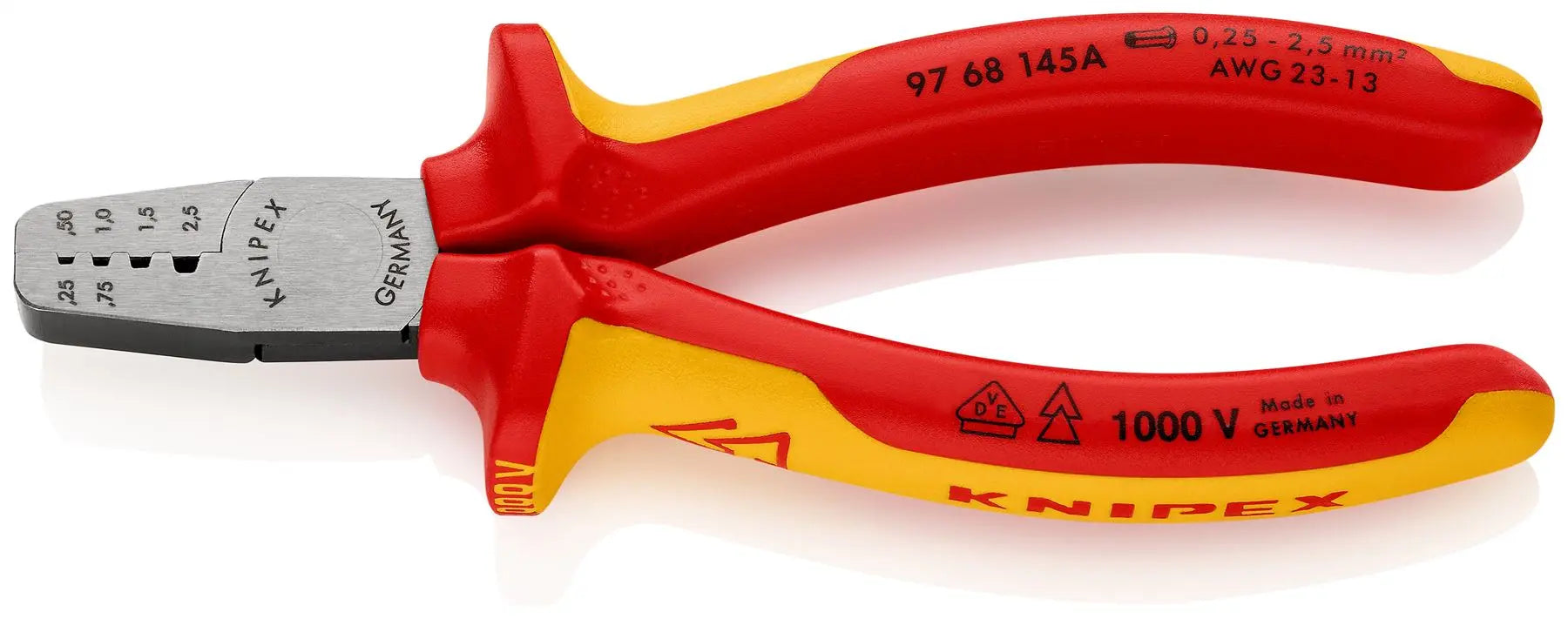KNIPEX Crimping Pliers for Wire Ferrules 145mm 0.25-2.5mm² 145mm VDE Insulated Multi Component Grips 97 68 145 A  White Rose Tools