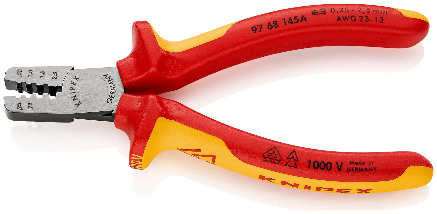 KNIPEX Crimping Pliers for Wire Ferrules 145mm 0.25-2.5mm² 145mm VDE Insulated Multi Component Grips 97 68 145 A  White Rose Tools